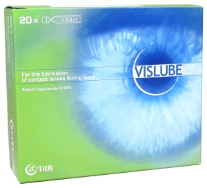 TRB Chemedica Vislube Benetzungslösung 20x 0,3 ml (TRB Chemedica, 3510) Benetzungslösung in Einmal-Ampullen
 
- lange Verweildauer auf Hornhaut und Kontaktlinse
- Wirkung auch bei niedriger Dosierungsfrequenz
- keine Ablagerungen auf der Kontaktlinse
- keine Krustenbildung am Auge
- für alle Kontaktlinsenarten geeignet
- Hyaluronsäure ist eine körpereigene Substanz
- wirkt zuverlässig gegen Trockenheitsgefühl am Auge
- stabilisiert den Tränenfilm
- ohne Konservierungsstoffe